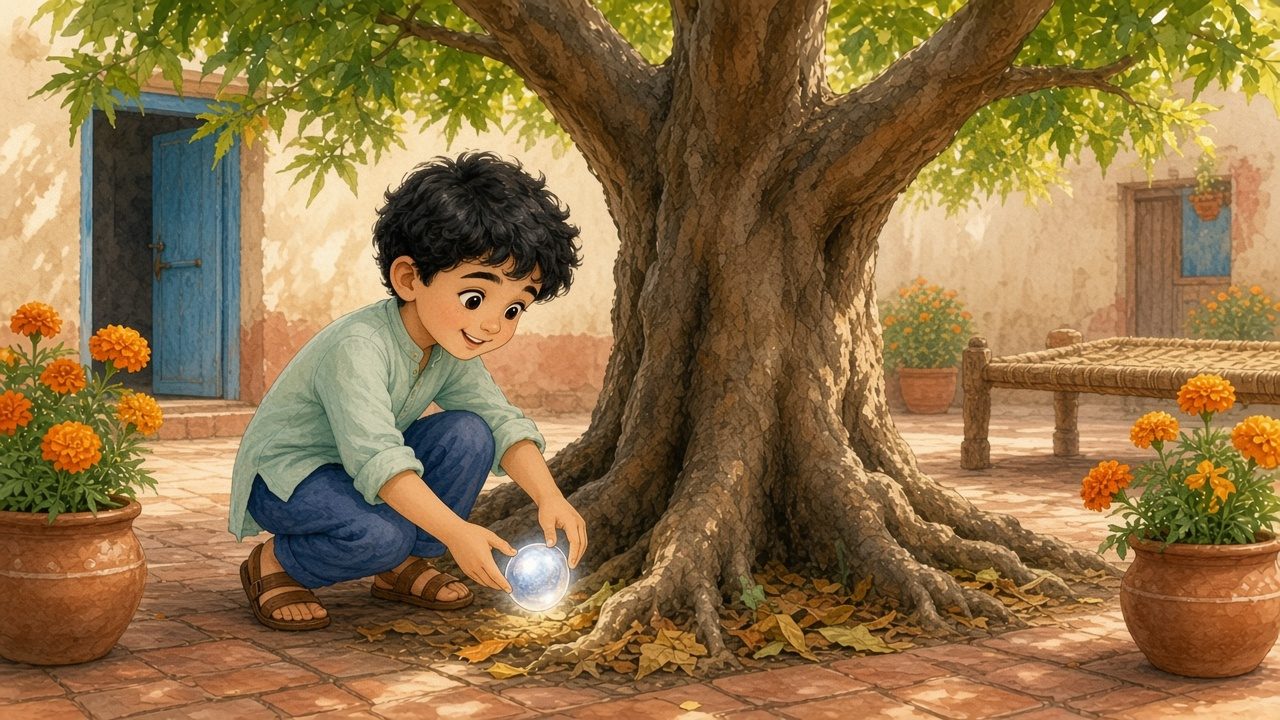 Ayaan kneels under the old neem tree in a sunny courtyard and finds a seed glowing like a tiny moon among the roots.