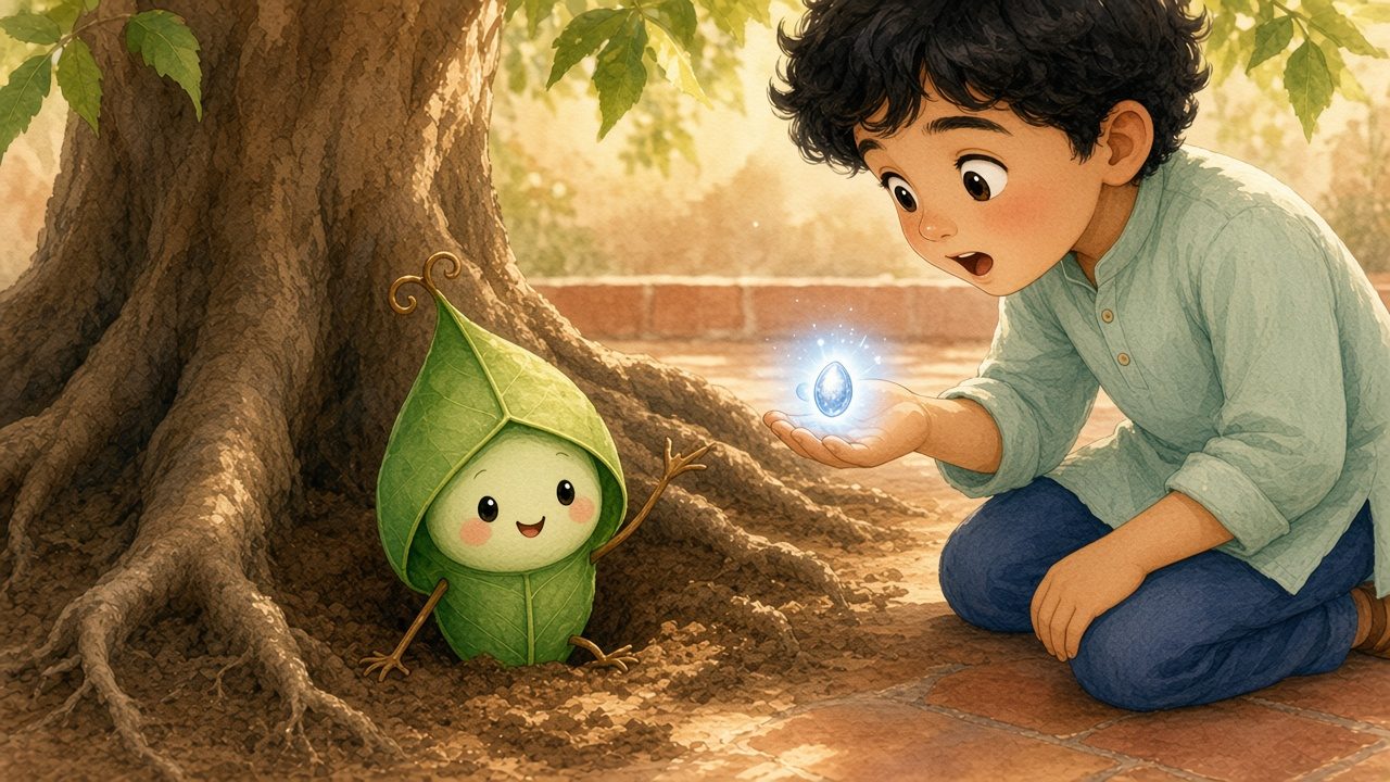 A leaf sprite with a little smiling face pops out of the soil while Ayaan holds the glowing seed in his palm, amazed.