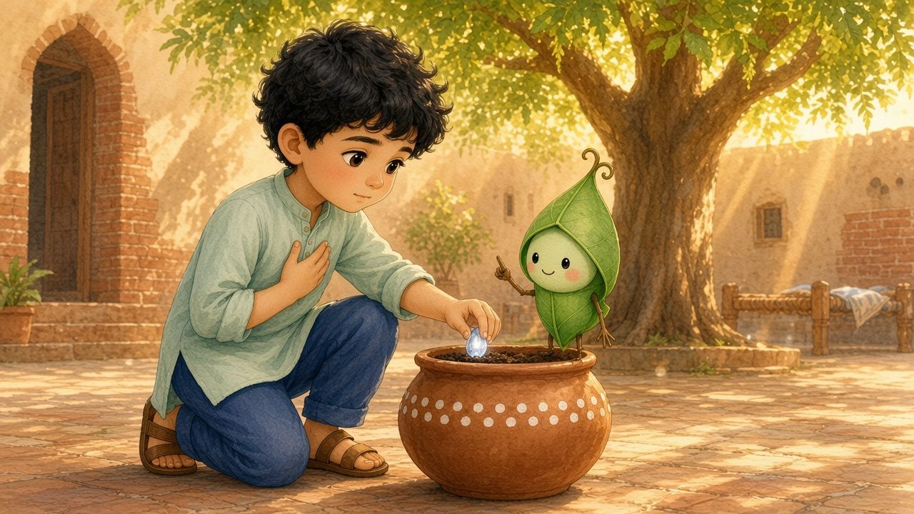 Ayaan presses the glowing seed into a dotted clay pot, one hand on his heart, as Sabz watches from beside the pot.