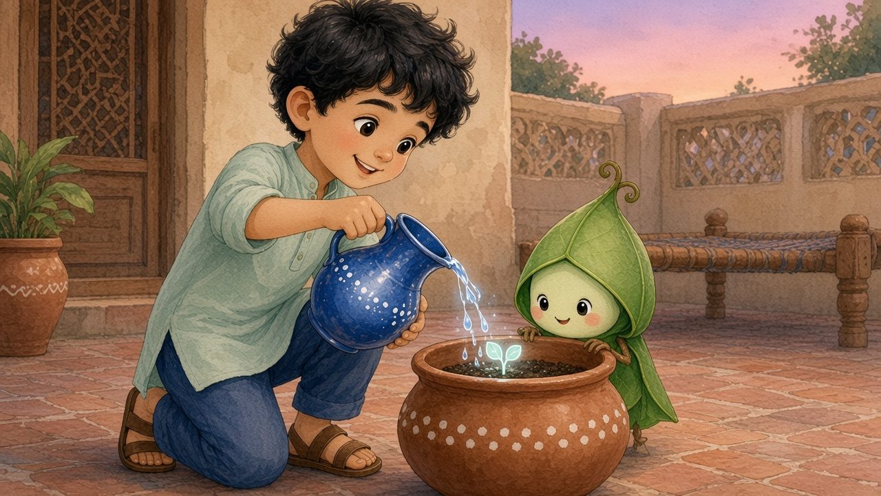 At dusk Ayaan pours water from a blue jug into the pot, and a tiny silver-green sprout peeks out while Sabz looks on.