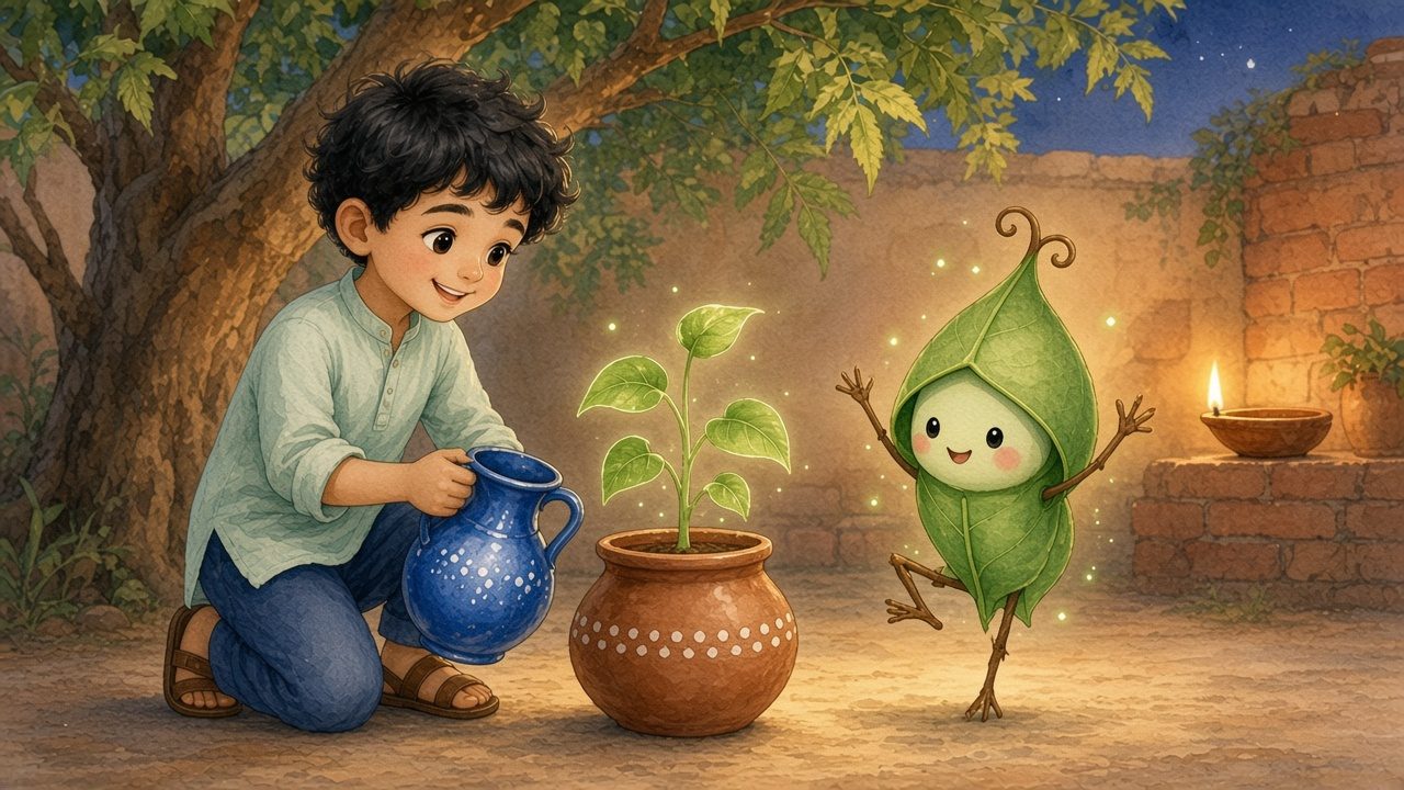 Ayaan kneels by the pot with his blue jug as the leafy sprout grows; Sabz dances happily beside it by lamplight.