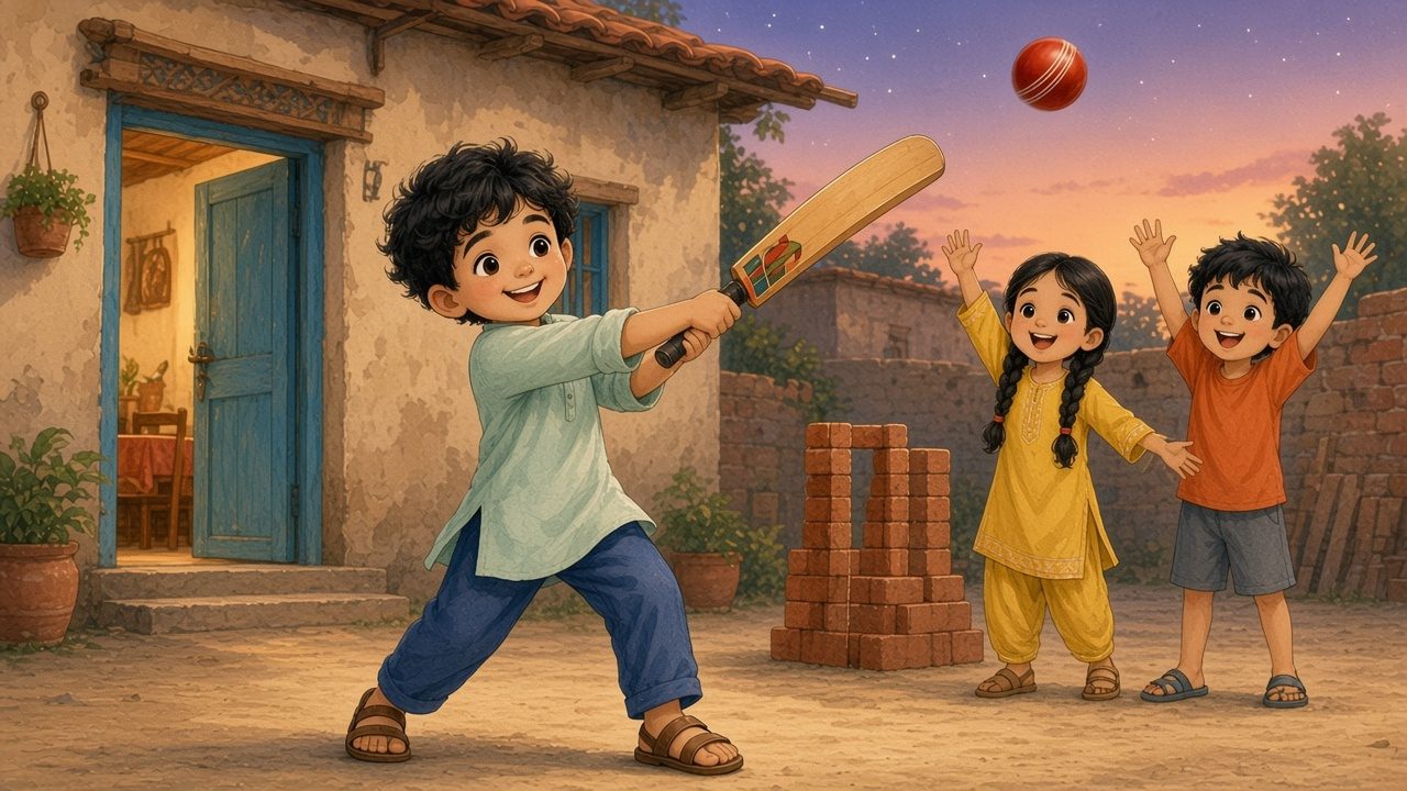 In the lane at dusk Ayaan swings a cricket bat at a red ball while two friends cheer beside a wicket of stacked bricks.