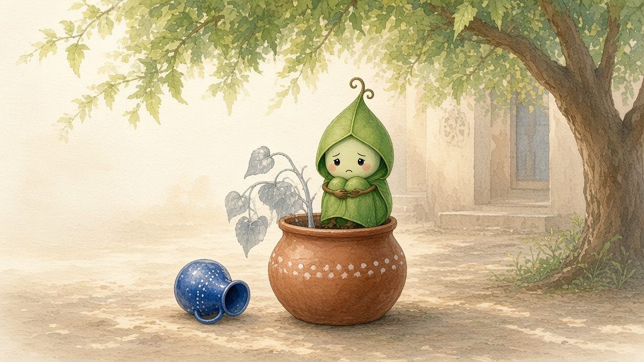 In the pale morning the sprout droops with dull grey leaves; Sabz sits very still in the pot and the blue jug lies on its side.