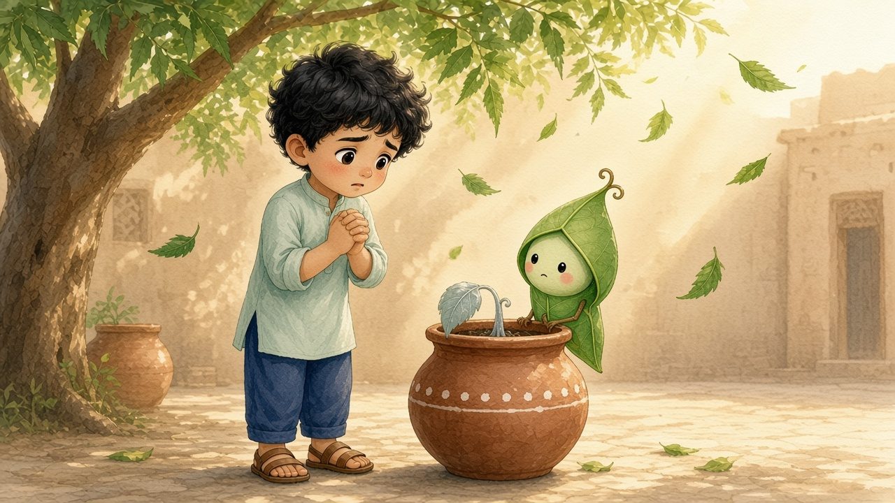 Ayaan stands by the wilted sprout with his hands clasped, looking worried, while neem leaves blow in the breeze.