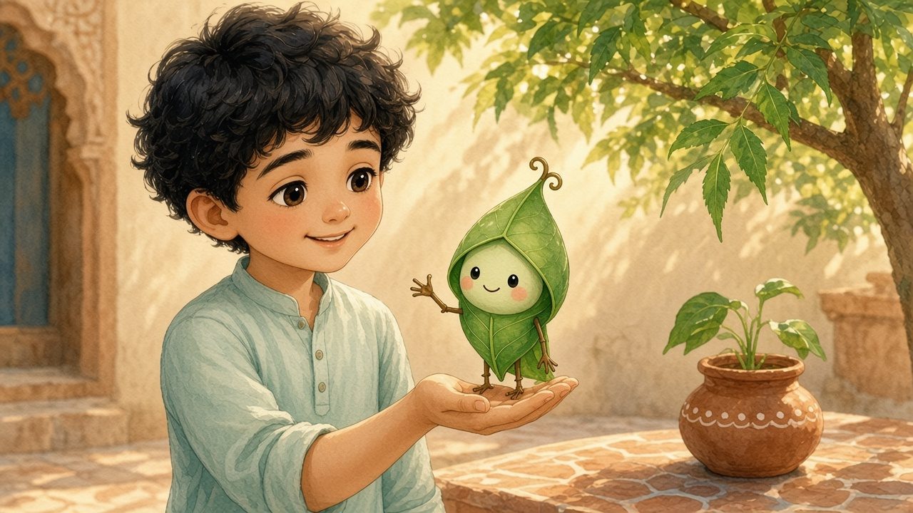 Sabz stands on Ayaan's open palm and smiles kindly up at him; the clay pot waits in the background.