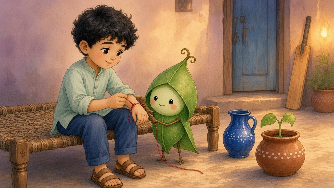 Sitting on a woven charpai, Ayaan ties a red thread around his wrist while Sabz helps hold it; the blue jug waits by the pot.