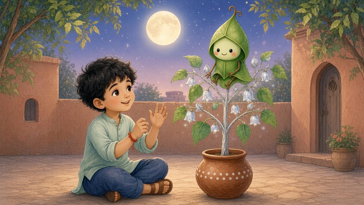 Under a rising moon, Ayaan sits beside a little silver tree with buds in the clay pot, with Sabz perched at its top.