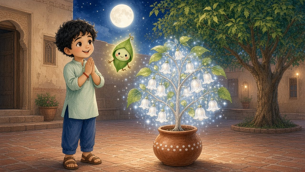 Under the full moon the little tree blooms with glowing silver bell flowers; Ayaan smiles in wonder as Sabz floats beside him.