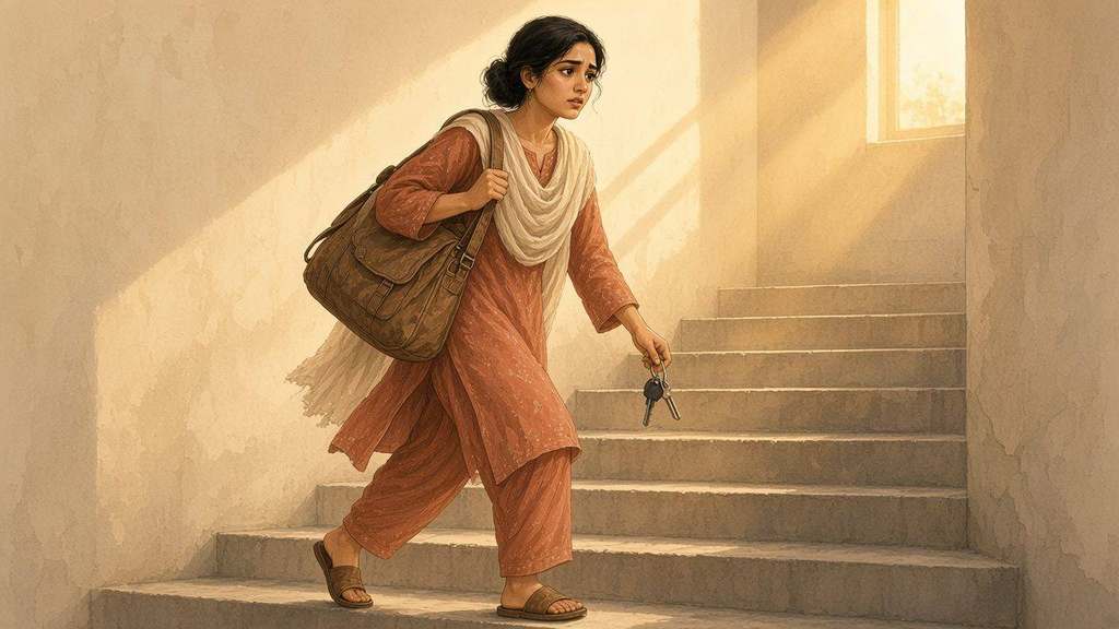 Laila hurries up the stairs of a small Lahore flat in late afternoon light, bag on her shoulder.