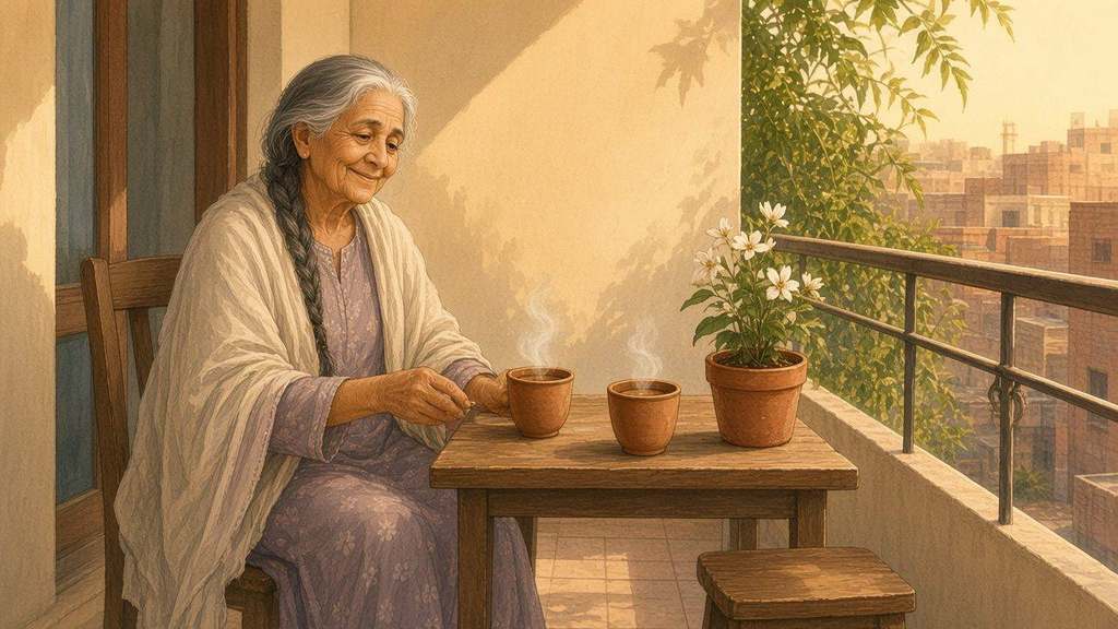 Ammi sits on a narrow balcony with two steaming clay chai cups beside a jasmine pot on the table.