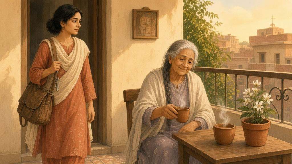 Laila stands with keys in hand while Ammi gently slides the second chai cup closer.
