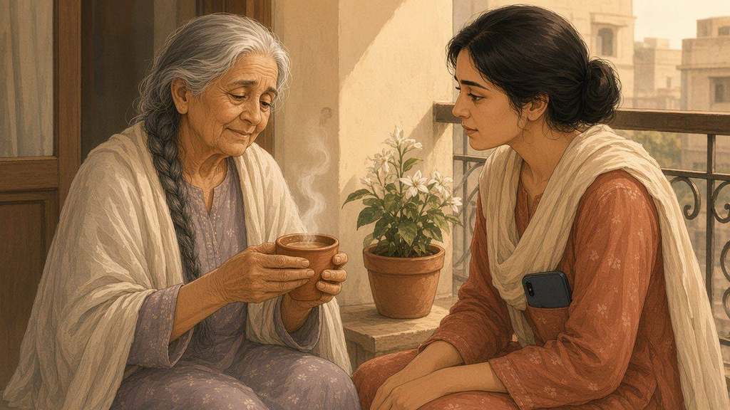 Laila looks at Ammi's careful older hands wrapping a clay cup; cardamom chai steams between them.