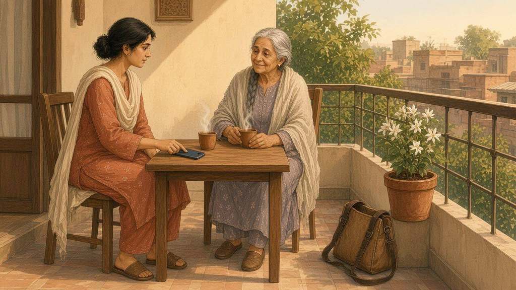 Laila sets her phone face-down on the balcony table between them; the space feels calmer.