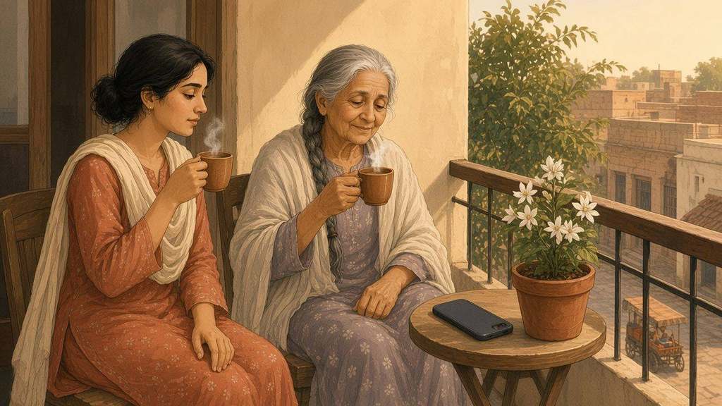 Laila and Ammi drink chai in quiet on the balcony; jasmine scent rises in a soft breeze.