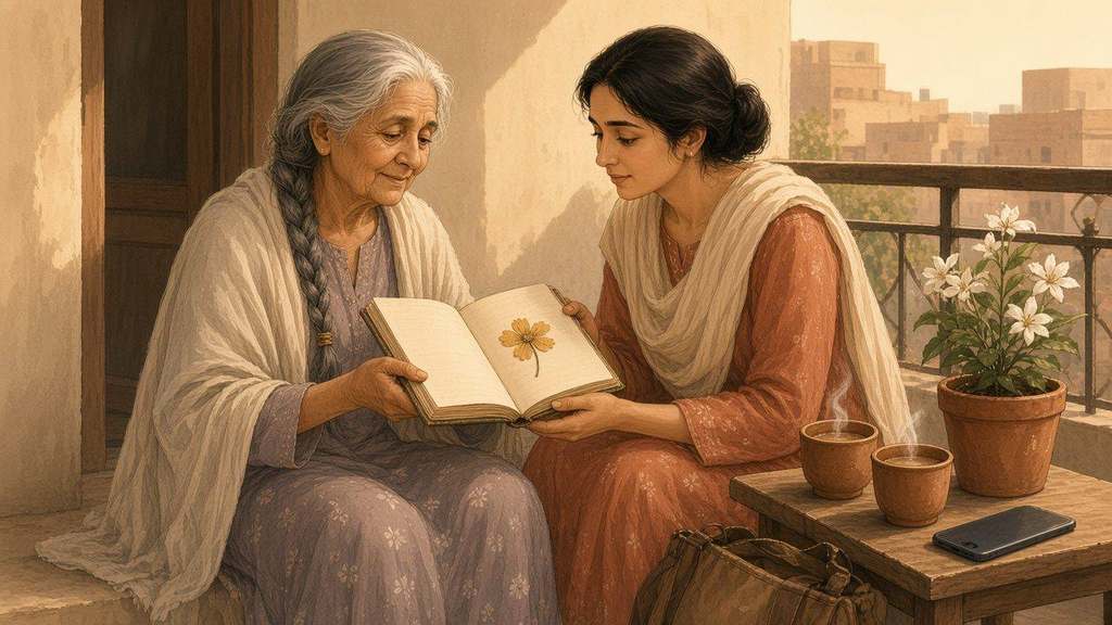 Ammi opens a worn green notebook to show a pressed yellow flower from Laila's childhood courtyard.