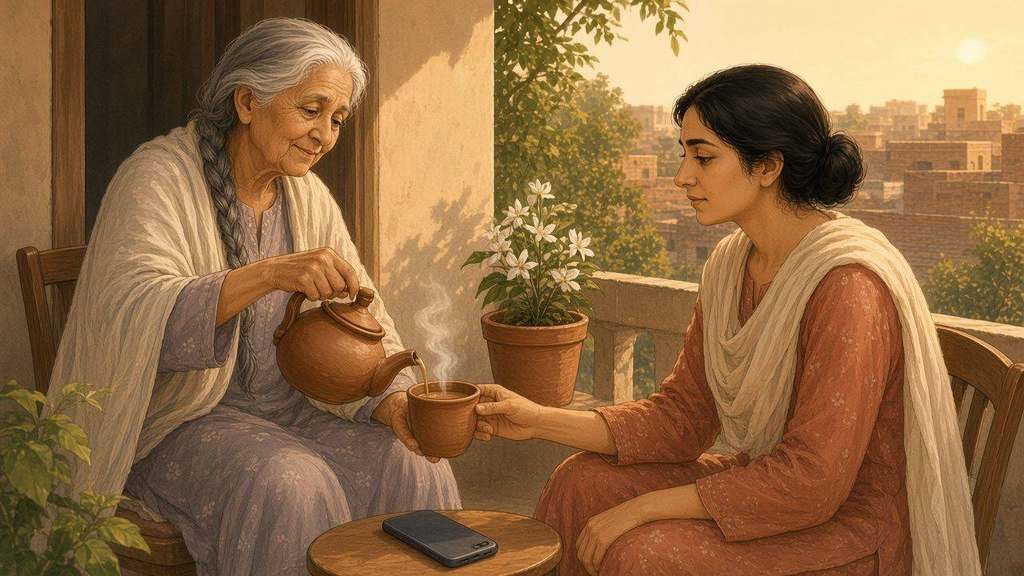 They share a second cup as honey-gold sun paints the balcony tiles; Ammi pours without asking about work.