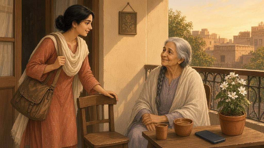 Laila rises but leaves the phone for one more breath and asks Ammi about the same time next week.