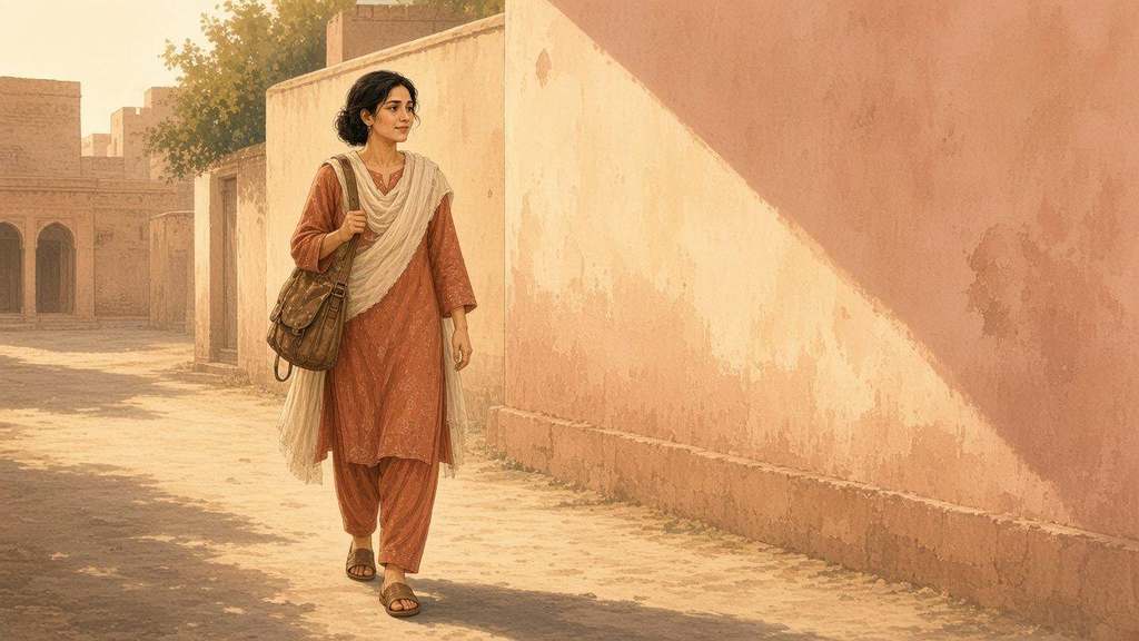 Later Laila walks more slowly and notices a stripe of ordinary late light on a neighbour's wall.