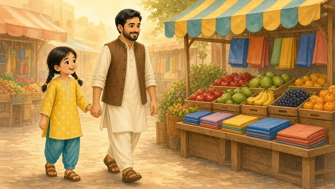 Mina and Abbu arrive at their fruit-and-cloth bazaar stall under a bright striped awning in morning light.