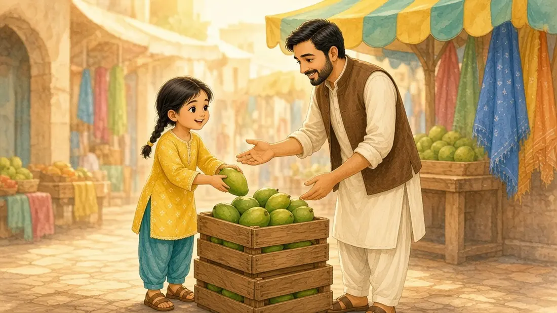 Abbu smiles and invites Mina to help sort; she stands tall beside the crates, ready to learn.