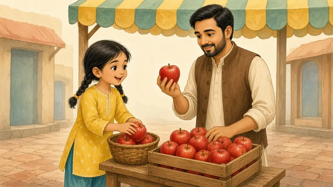 Abbu holds up a shiny red apple while Mina sets it in a basket, learning the colour laal.
