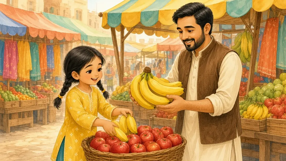 Mina tucks ripe yellow bananas beside the red apples as Abbu teaches the colour peela.