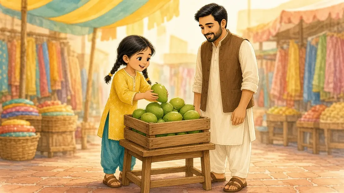 Mina carefully stacks green mangoes in a wooden crate, whispering the colour hara.