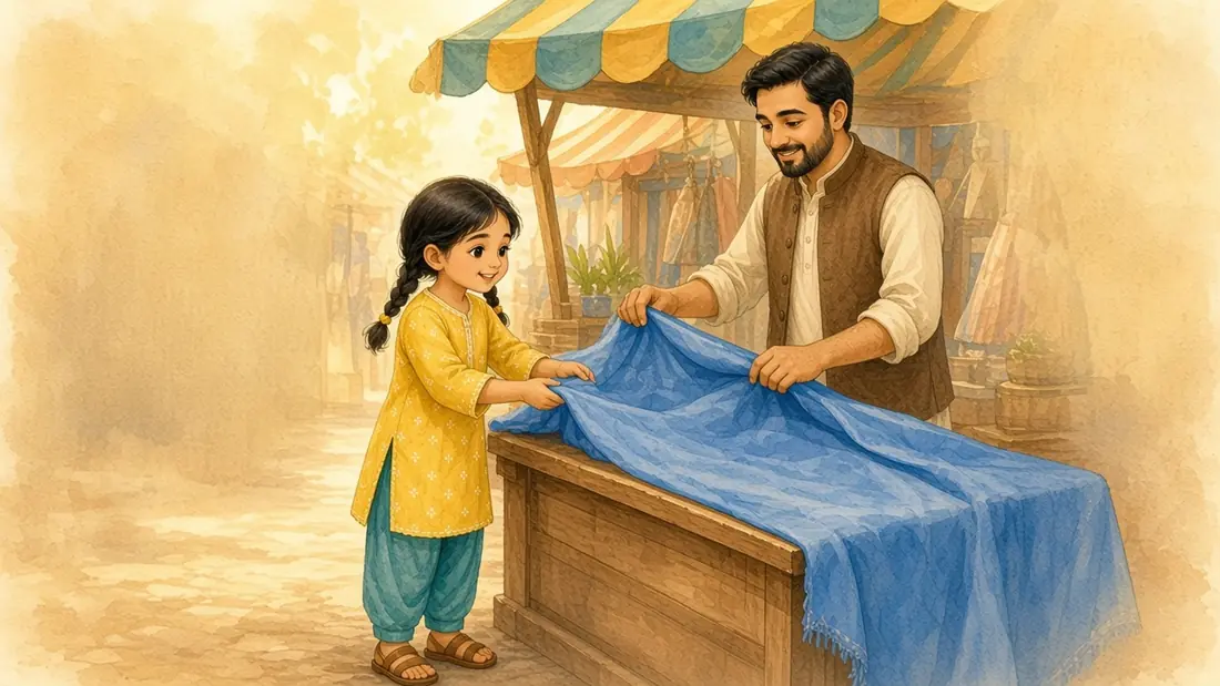 Abbu unrolls a bolt of bright blue cloth; Mina touches the soft fabric and says neela.