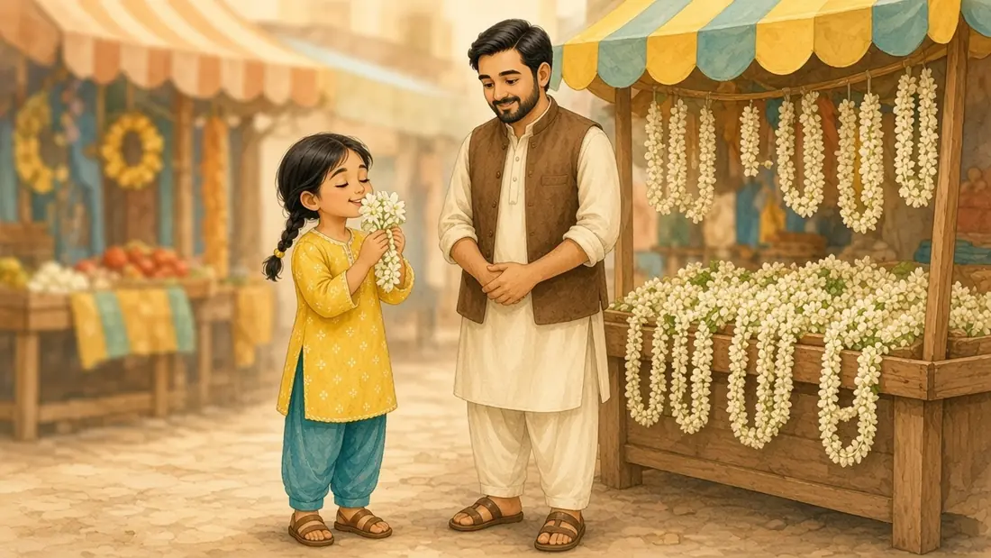 Mina sniffs a white jasmine garland beside a flower stall as Abbu teaches safaid.