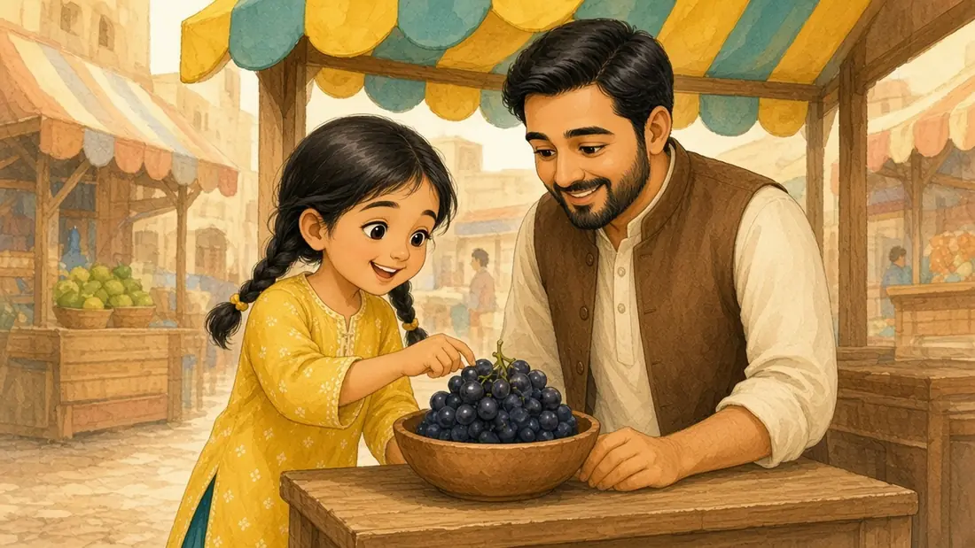 Mina counts black grapes in a little bowl and grins as Abbu teaches the colour kaala.
