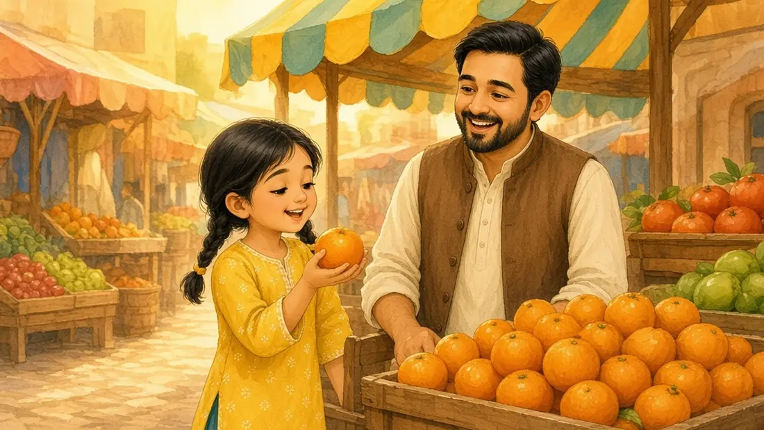 Mina rolls a round orange in her palm while Abbu laughs and teaches the colour narangi.