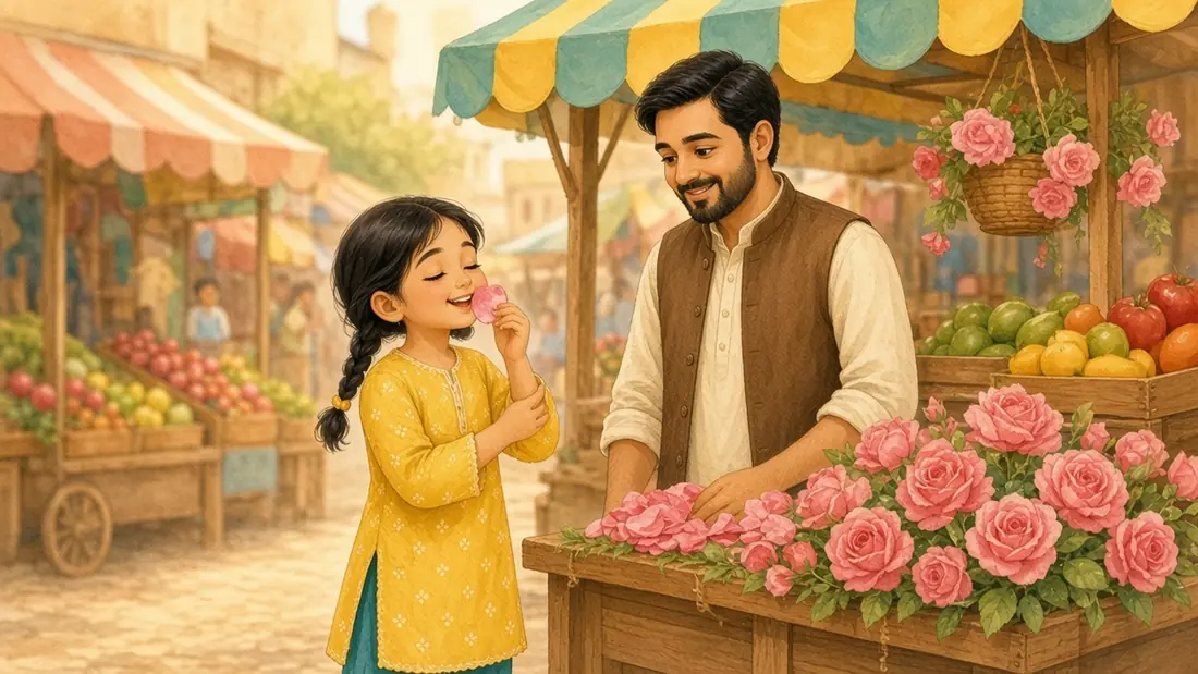 Abbu holds a bunch of pink roses; Mina holds one rose to her cheek and whispers gulabi.