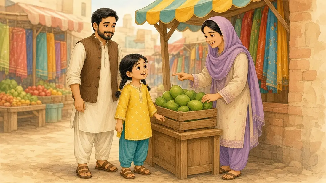 A customer points at the green mangoes; Mina proudly answers hara while Abbu looks proud.