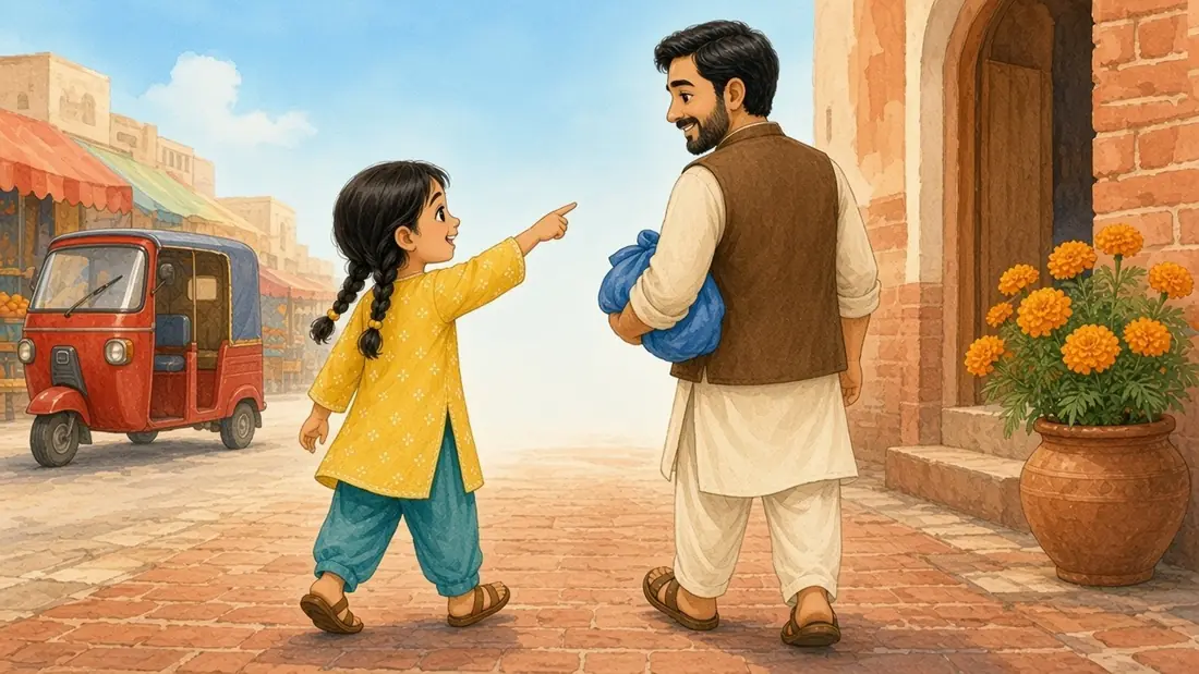 Walking home beside Abbu with a blue cloth bundle, Mina names a red auto-rickshaw, orange-yellow marigolds by a doorway, and the blue sky.