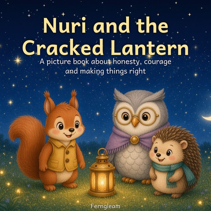 Cover of Nuri and the Cracked Lantern: Kiko the squirrel, Nana Hala the owl and Nuri the hedgehog stand around a glowing golden lantern under a starry night sky.