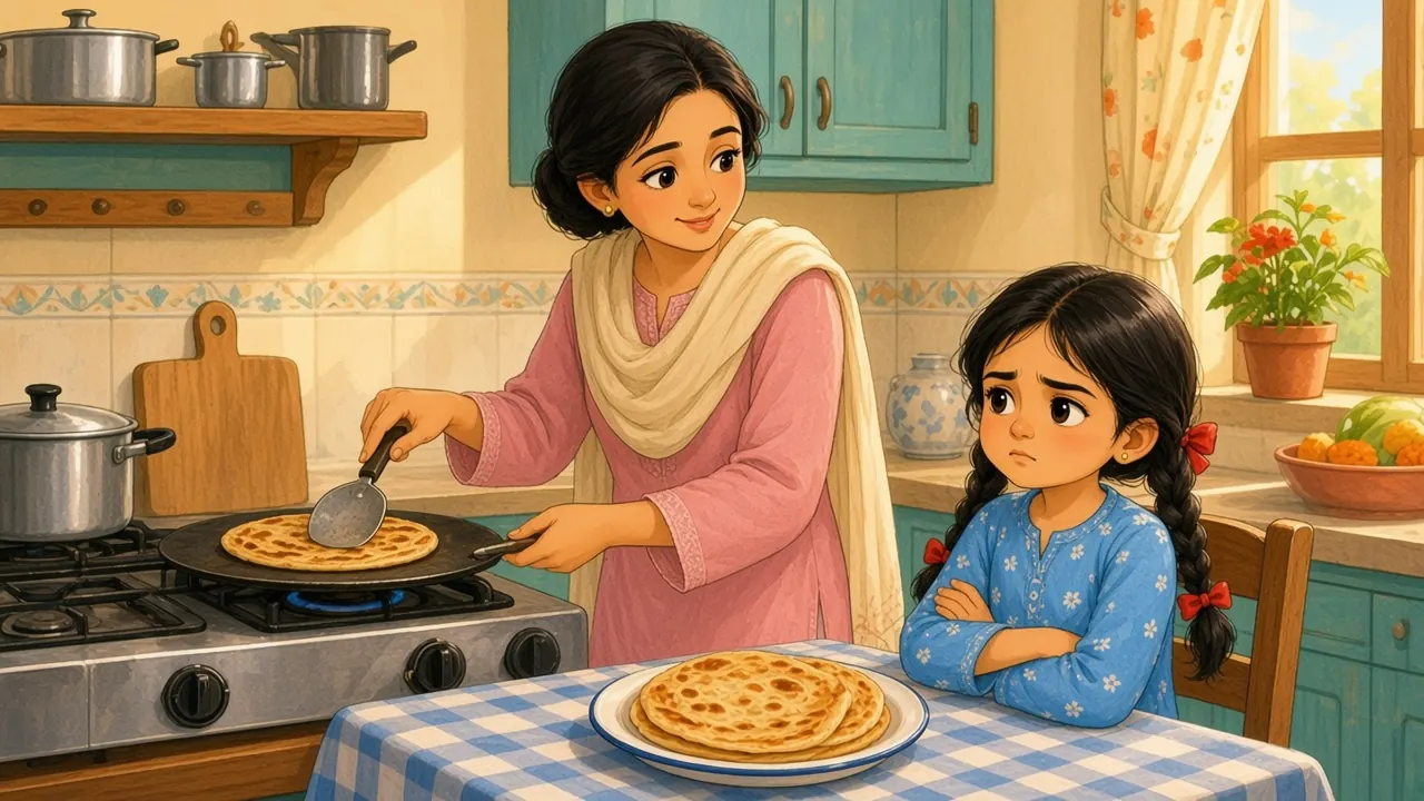 In a sunny kitchen, Ammi cooks parathas on a griddle while Sana sits at the table with her arms crossed, pouting at a plate of round parathas.