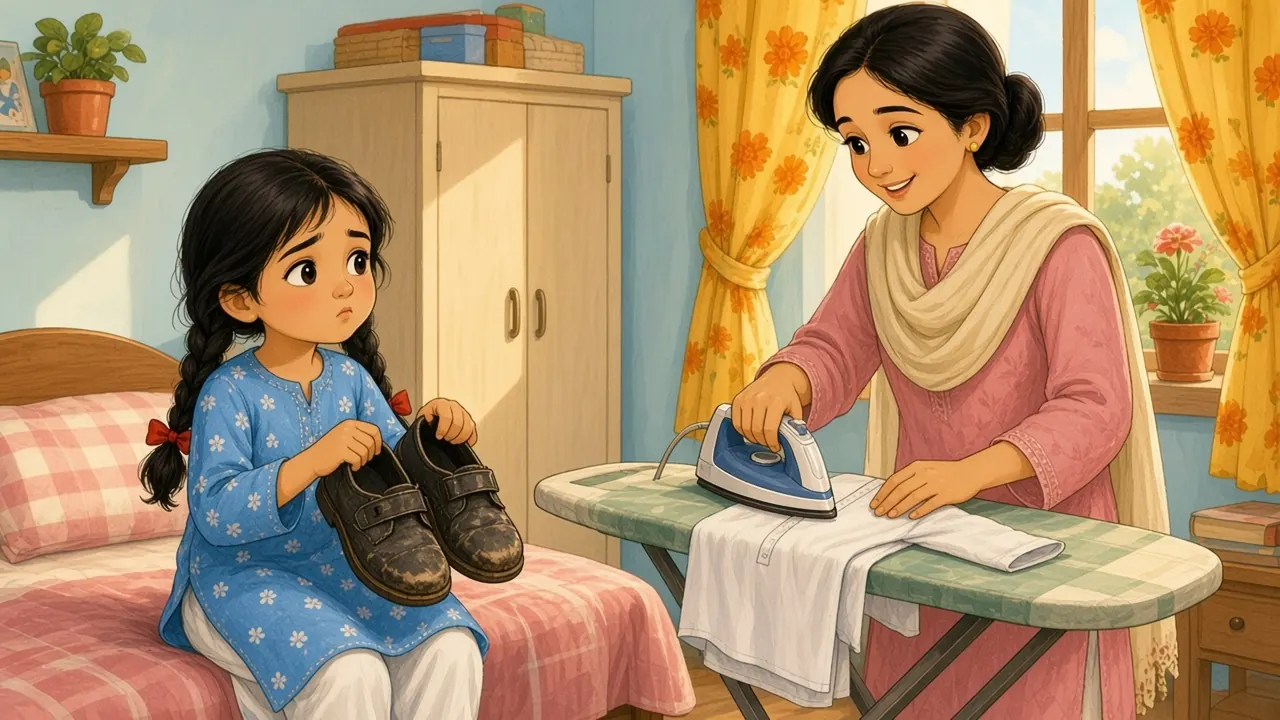 Ammi irons a small white school uniform while Sana sits on her bed, holding up her old scuffed black shoes and complaining.