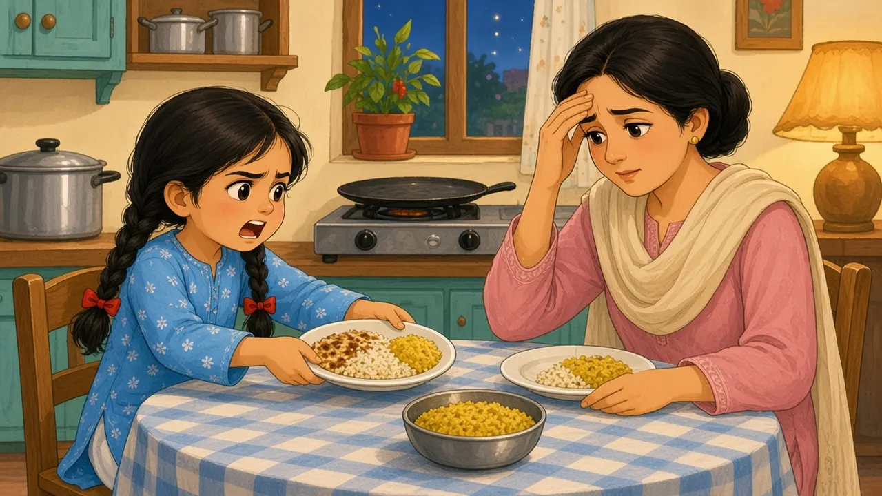 At dinner Sana pushes away her plate of rice and daal, while Ammi, looking very tired, rubs her forehead.