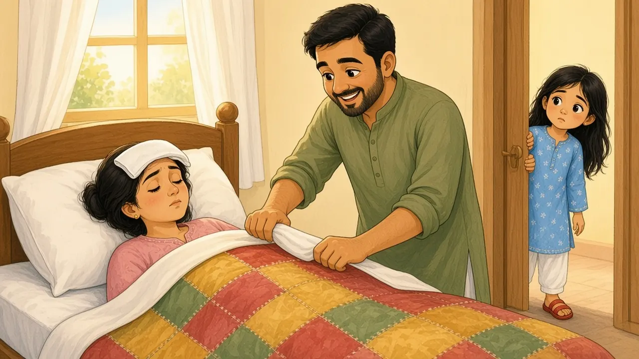Ammi lies in bed with a fever and a cool cloth on her forehead while Abbu tucks the patchwork quilt around her; Sana peeks worriedly round the door.