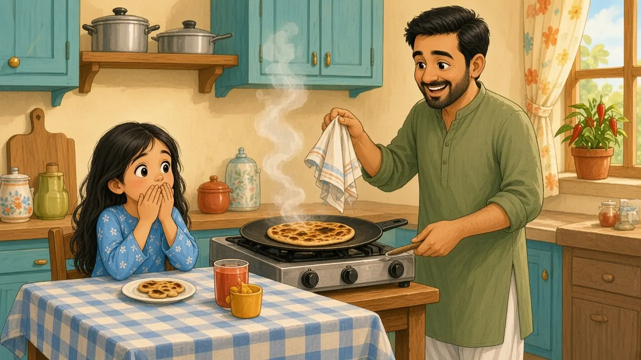 Abbu waves a tea towel at the smoke rising from the griddle, where a lumpy, roundish paratha has burnt spots; at the table, Sana stares with her hands over her mouth.
