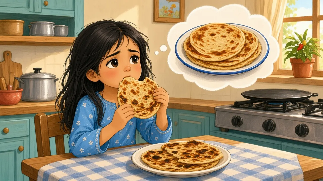 Sana, her hair still loose, bites into one of Abbu's lumpy, burnt-spotted parathas with a worried face, dreaming of Ammi's soft, round, golden parathas.