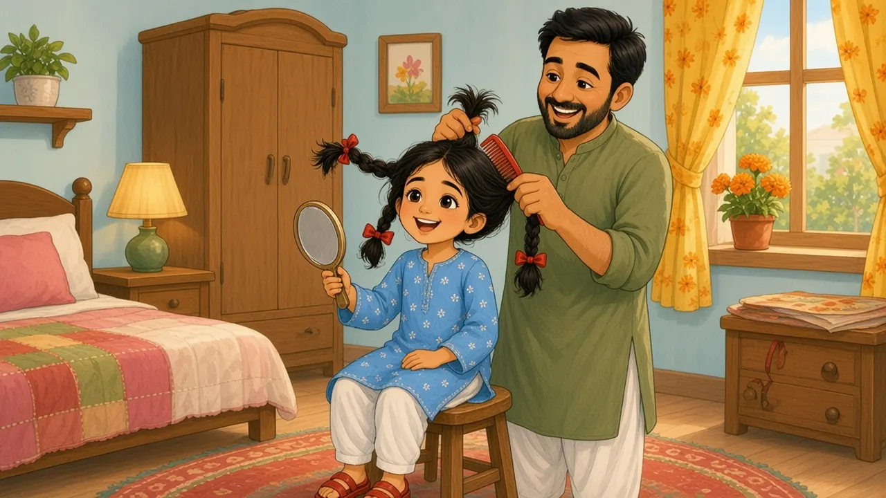 Smiling Abbu is still combing Sana's hair, which sticks out in messy bunches with red ribbons, like a bird's nest; Sana laughs at it in a hand mirror.