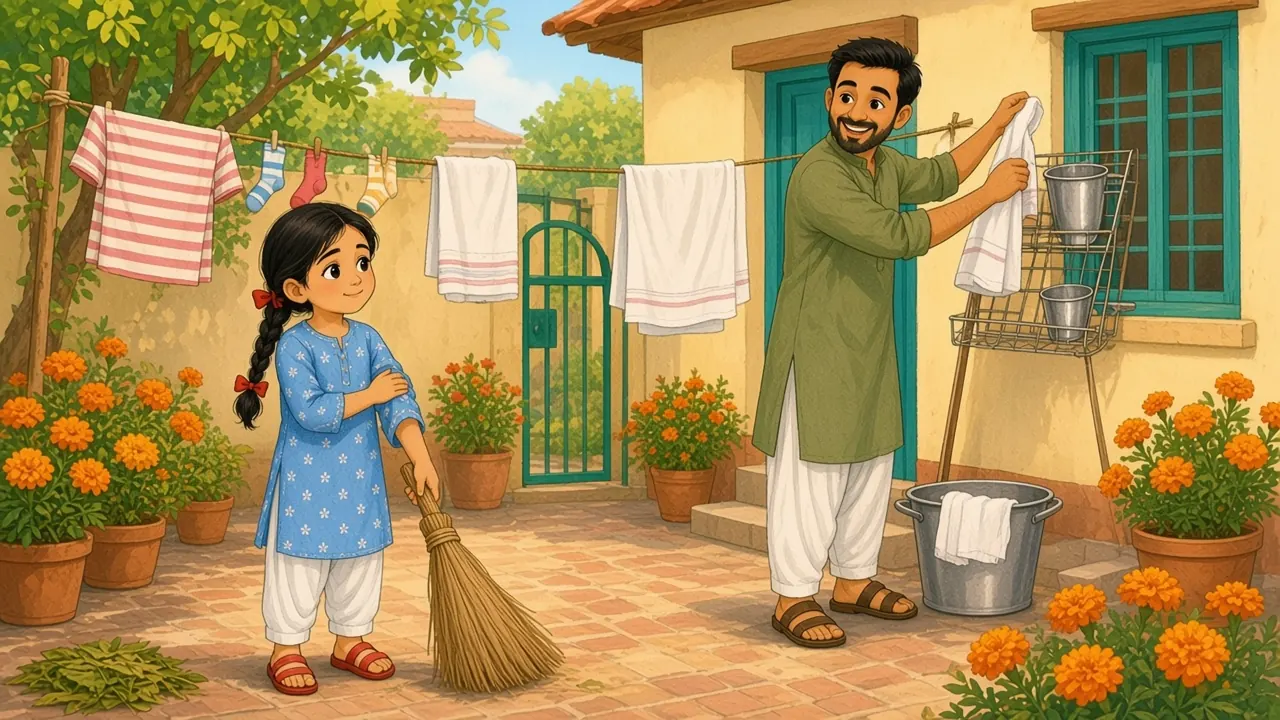 In the courtyard Abbu hangs a towel on the washing line beside a rack of steel pots, while Sana, her hair now in one plait over her shoulder, holds a grass broom and rubs her tired arm.
