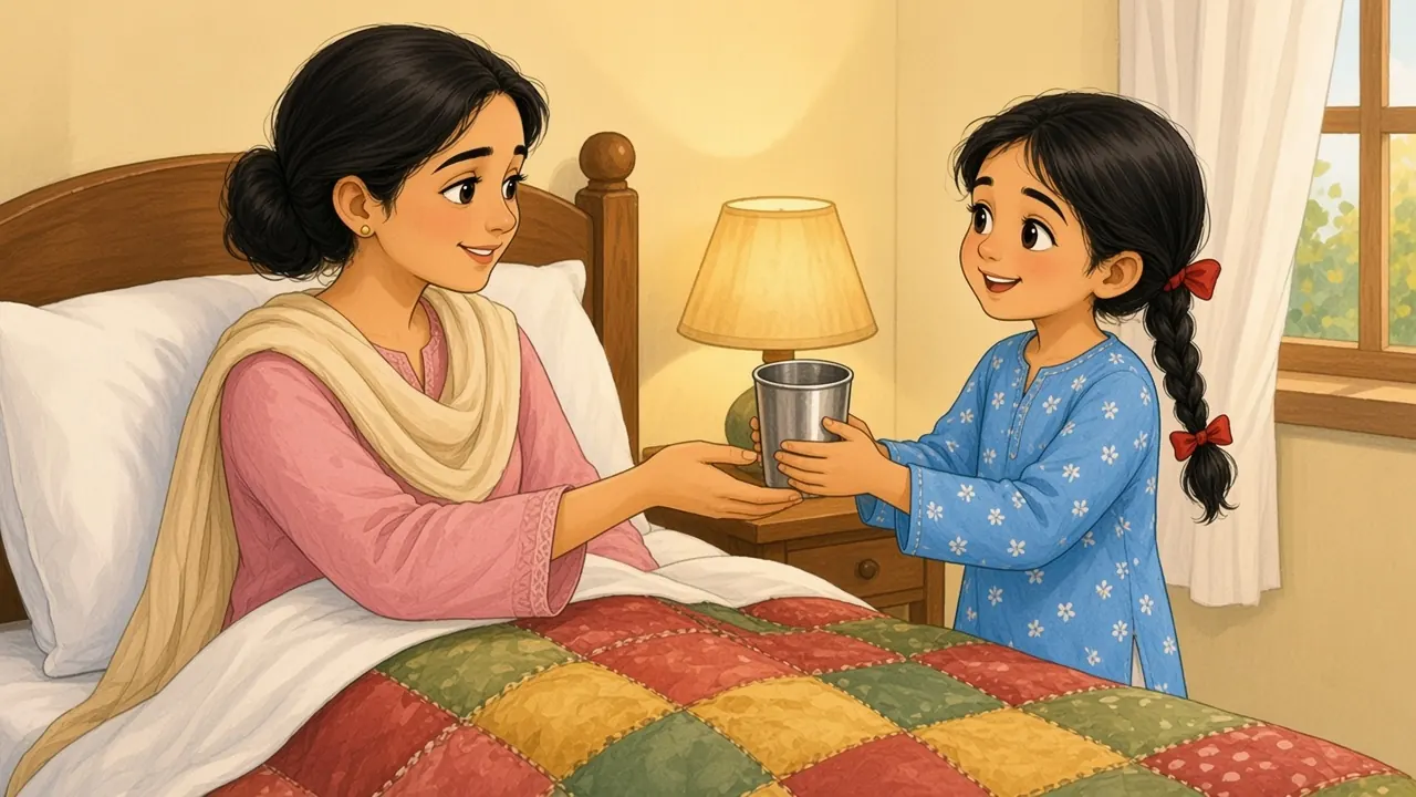 Sana carefully hands a steel tumbler of water to Ammi, who smiles gratefully from her bed.