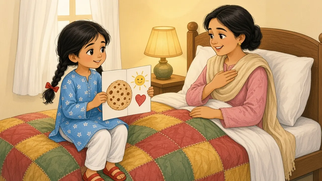 Sana shows Ammi a homemade card with a crayon drawing of a round paratha, a smiling sun and a red heart; Ammi puts her hand on her heart.