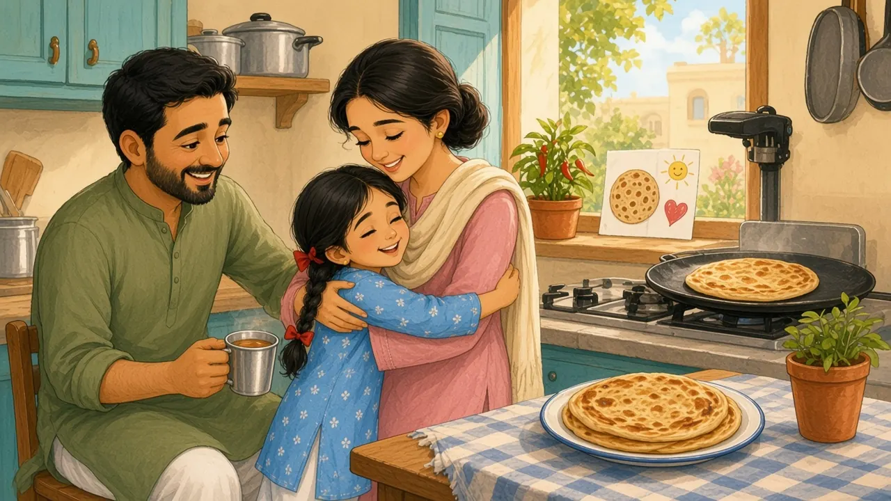 Ammi, well again, hugs Sana tight beside the stove, where a round paratha sizzles on the griddle; Abbu smiles with a cup of tea, and Sana's card stands on the windowsill.