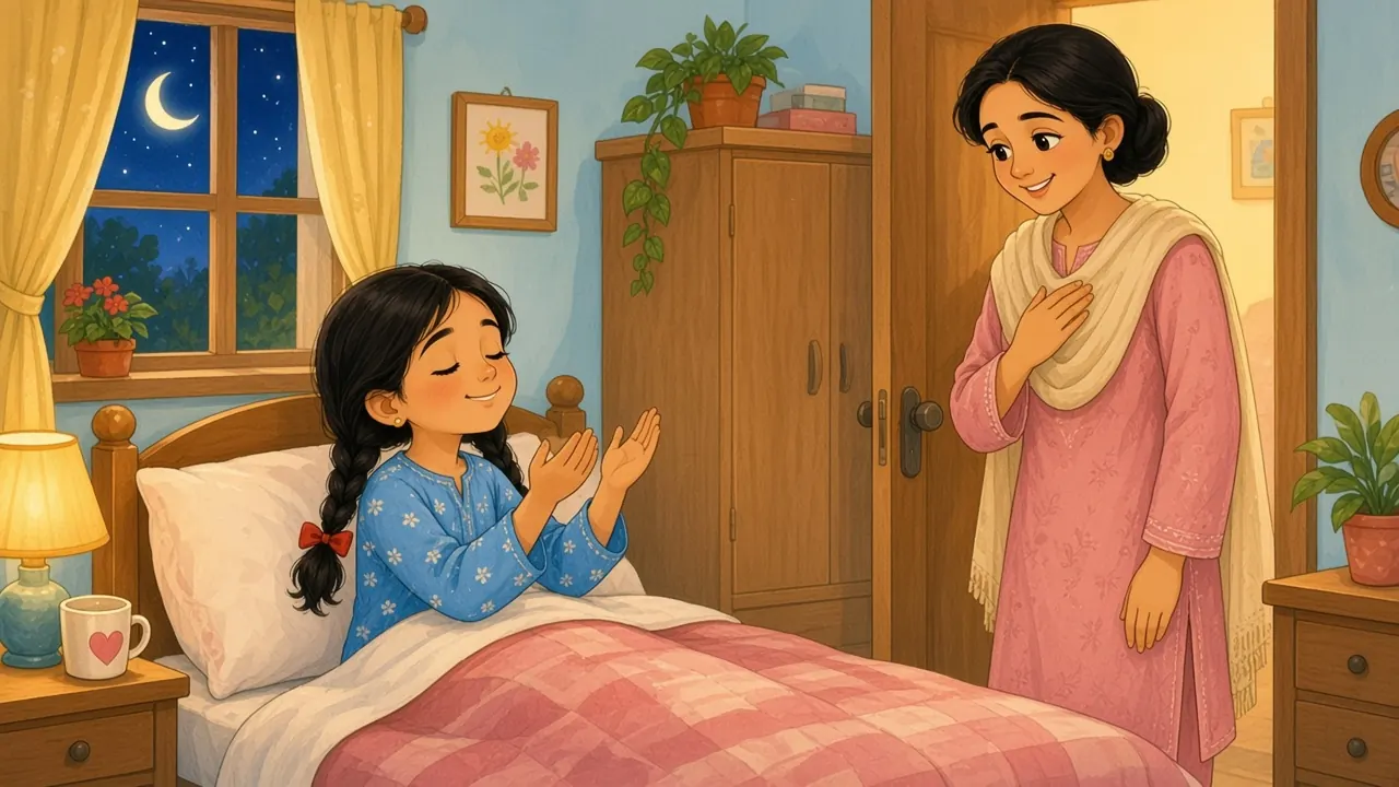 At night Sana sits up in bed with her eyes closed and her hands raised in a quiet prayer of thanks, smiling, while Ammi watches from the doorway with her hand on her heart.