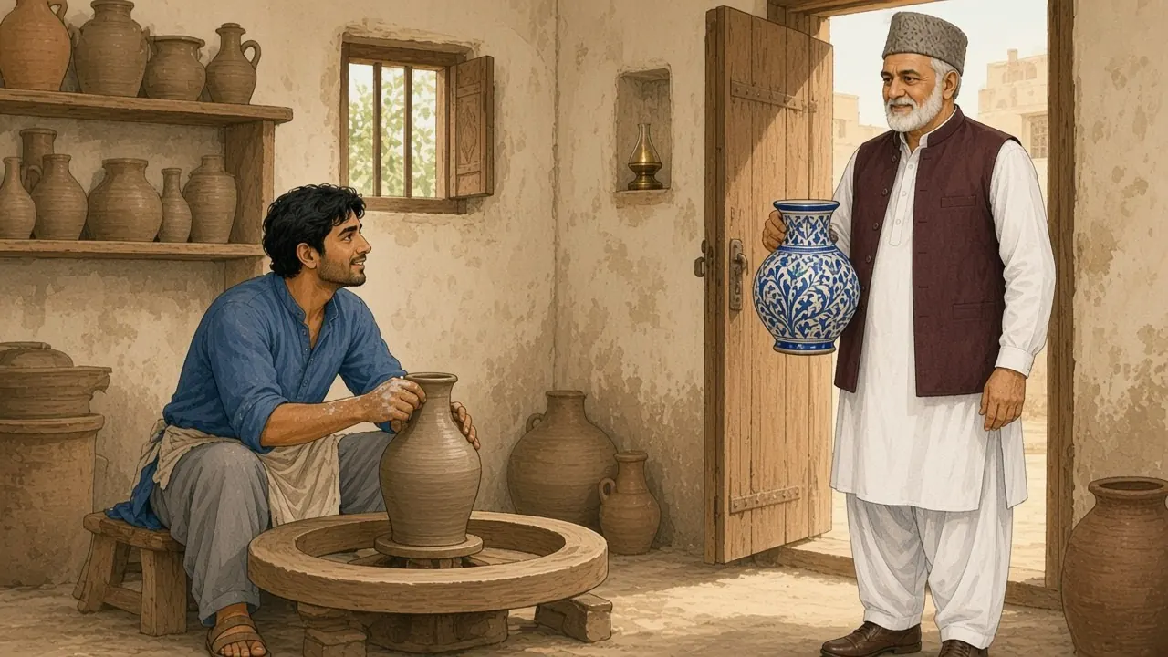 In a small pottery workshop lined with clay pots, Hamid sits on a low stool at his wheel shaping a grey clay jug and looks up at Iqbal Sahib, who stands in the open doorway holding a blue-and-white sample jug.