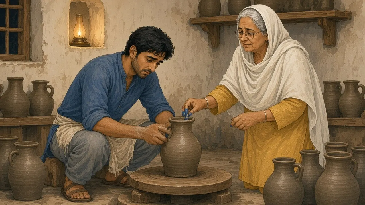By the light of a small oil lamp, a tired Hamid crouches at the wheel among rows of damp grey clay jugs, while Khala Bano touches one with a blue-stained fingertip and frowns.