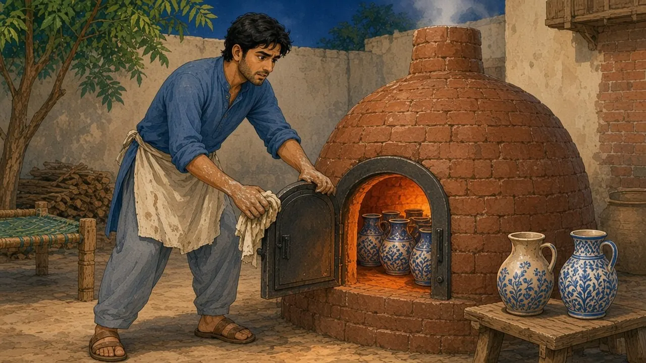 At dusk in the courtyard, Hamid pulls open the small iron door of the brick kiln; an orange glow lights the glazed jugs still inside, while two finished jugs wait on a bench.